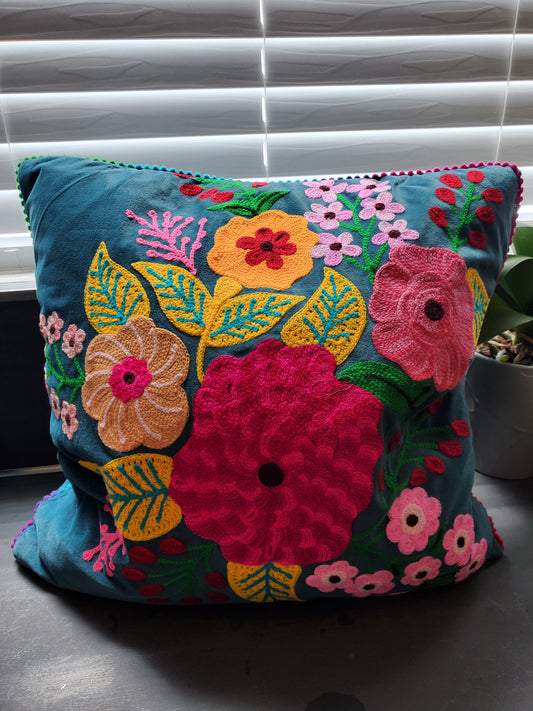 Teal Floral Velvet Pillow